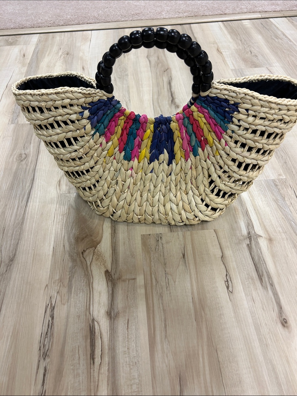 Lucky Brand Straw Tote with Black Bead Handles and Multicolor Accents
